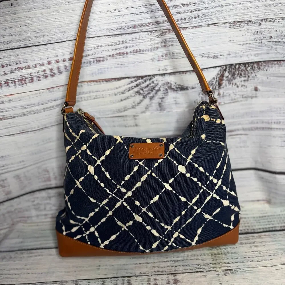 Kate Spade New York Navy Cream Print Canvas Leather Shoulder Hobo Bag